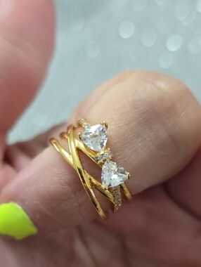 Gold Double Heart CZ Stacking Ring - Women Jewelry